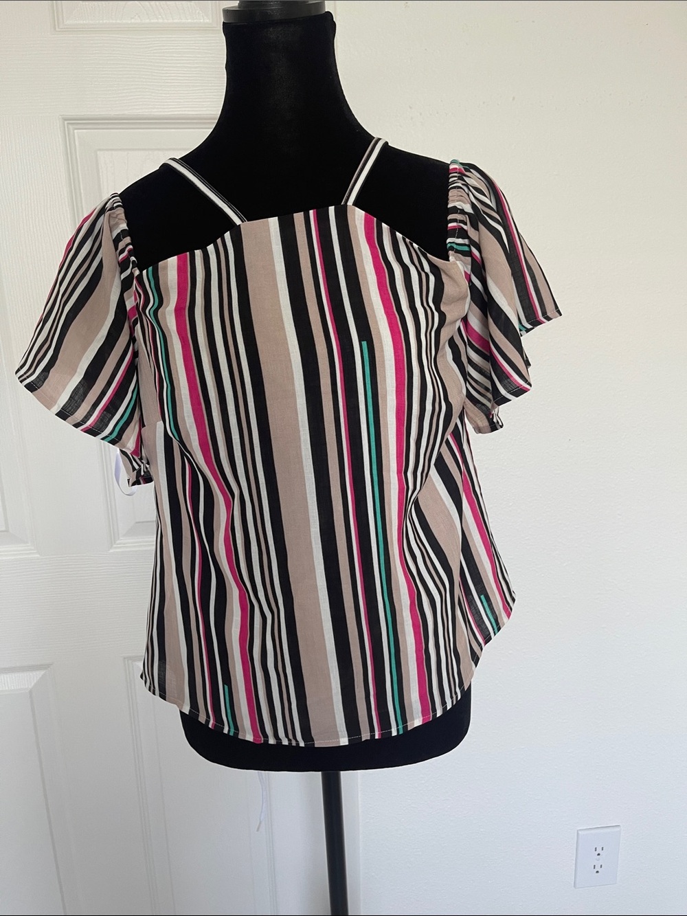 bebe Striped Cold-Shoulder Blouse in Black, Beige, Pink & Teal
